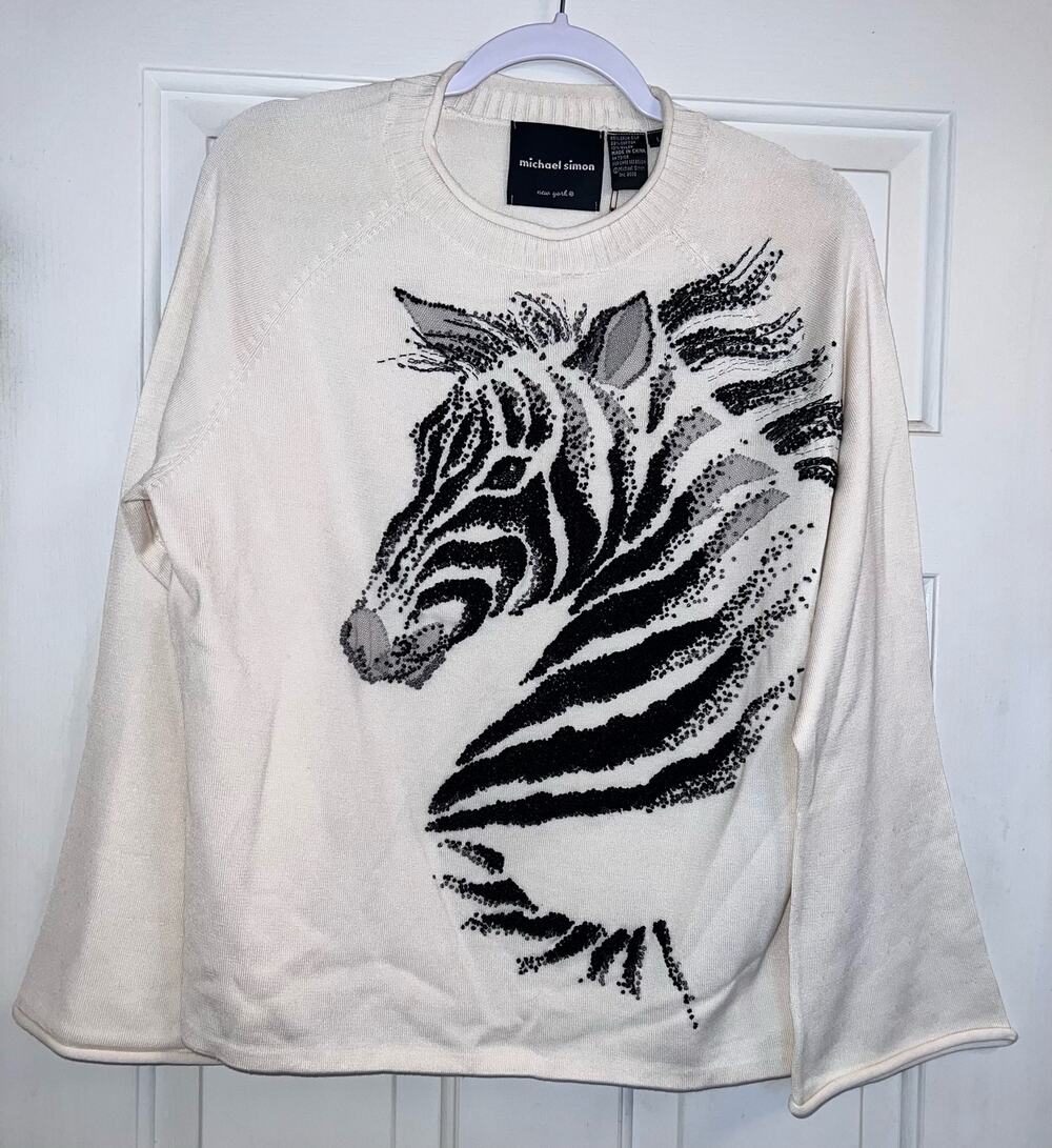 Michael Simon Vintage Zebra Beaded Spun Silk Blend Sweater - Size Large